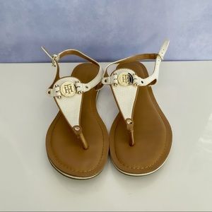 Tommy Hilfiger White and Tan Leather Sandals with Gold Hardware